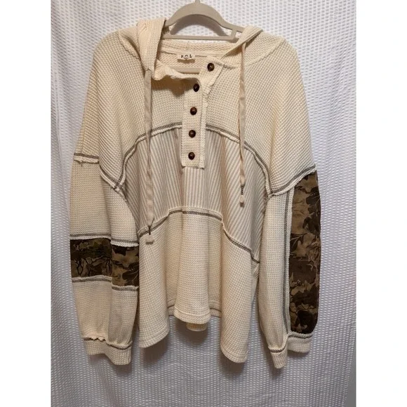 POL Oversized Hoodie Top, Sz Large, Cream Thermal Body, Camo Patch, Balloon Slv - Picture 1 of 8